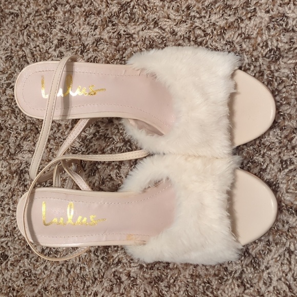 Lulu's Reluca ivory faux fur ankle strap high heel sandals - Picture 7 of 12